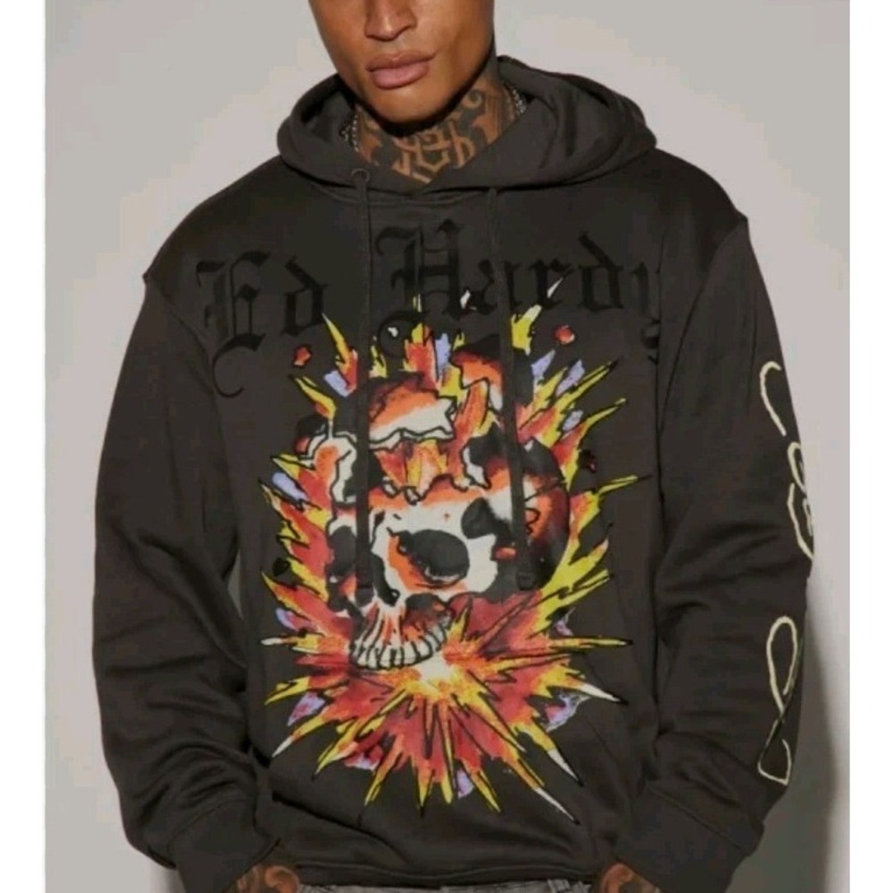 ED HARDY Mens M Retro Dark Grey Exploding Skull Fleece Streetwear Hoodie Y2K